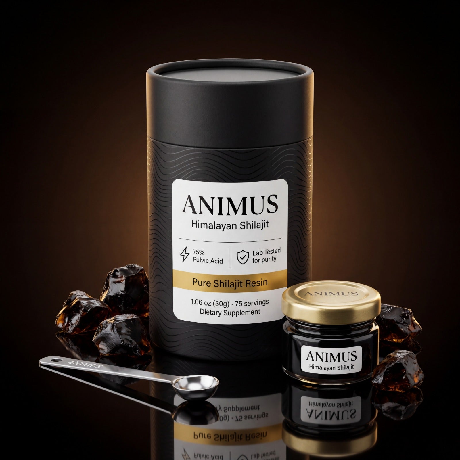 Animus Shilajit Resin amber glass jar with wooden serving spoon