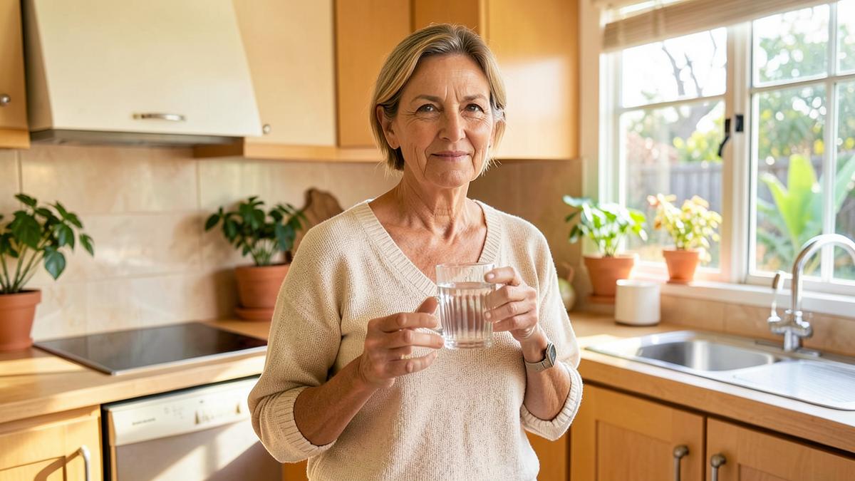 Australian woman over 50 taking a daily heart health supplement at home
