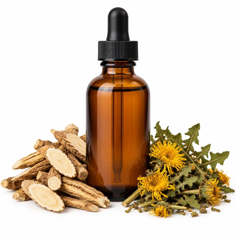 Amber bottle of herbal kidney tonic with dried astragalus and dandelion