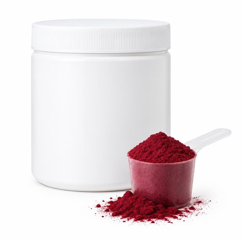 White tub of beetroot powder with a scoop of deep red powder