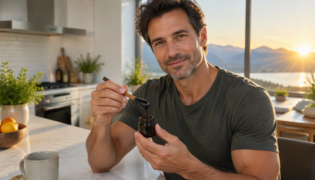 Man preparing a serving of shilajit resin in a bright kitchen at sunrise