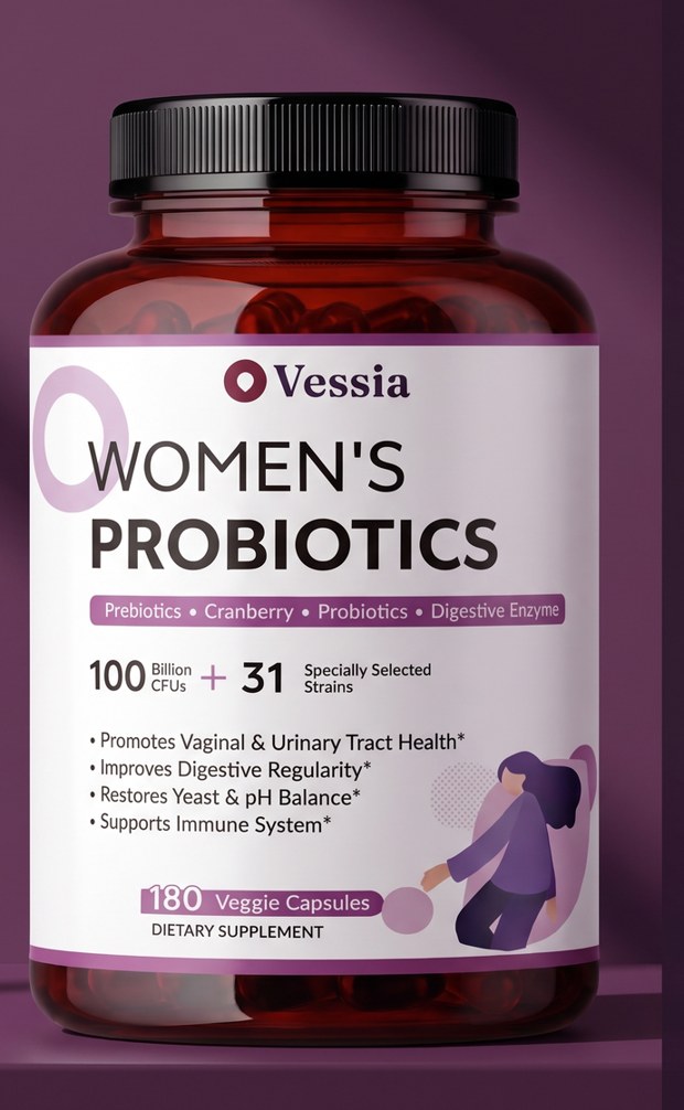 Vessia Women&rsquo;s Probiotic 100 Billion CFU bottle, 180 veggie capsules